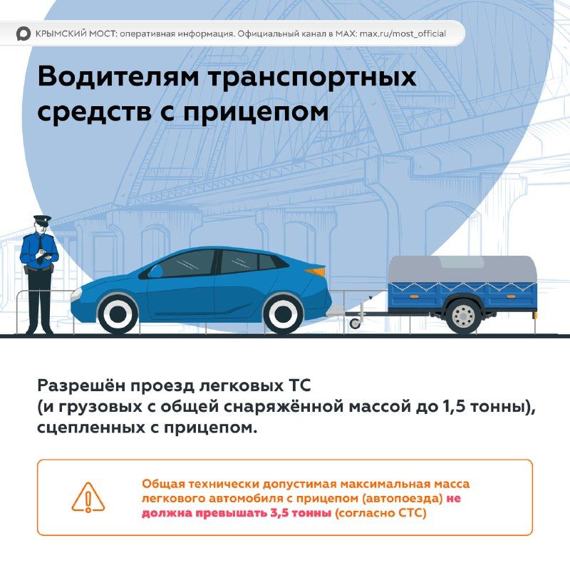 Для автомобилей с прицепами на Крымском мосту действует лимит 3,5 тонны Для автомобилей с прицепами на Крымском мосту действует лимит 3,5 тонны