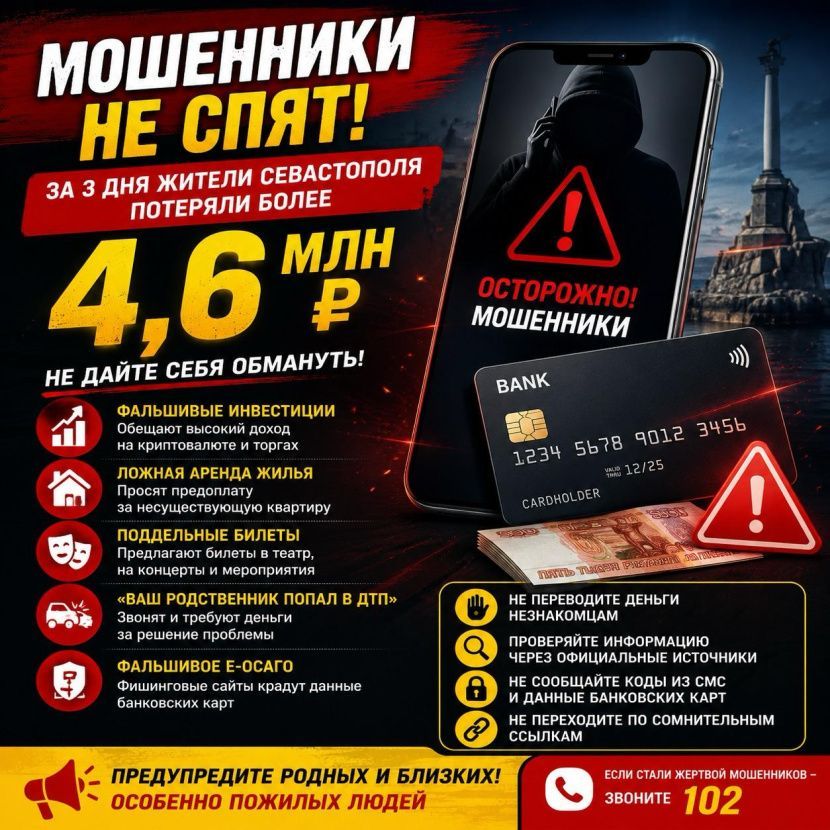 Севастопольцы за три дня отдали мошенникам более 4,6 млн рублей Севастопольцы за три дня отдали мошенникам более 4,6 млн рублей